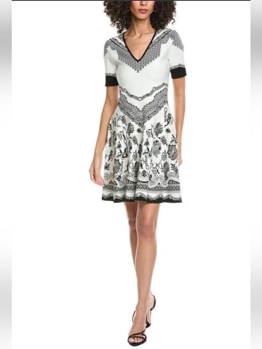 ETRO Black & White V-Neck Midi Dress with Statement Border Print Sz 46/L